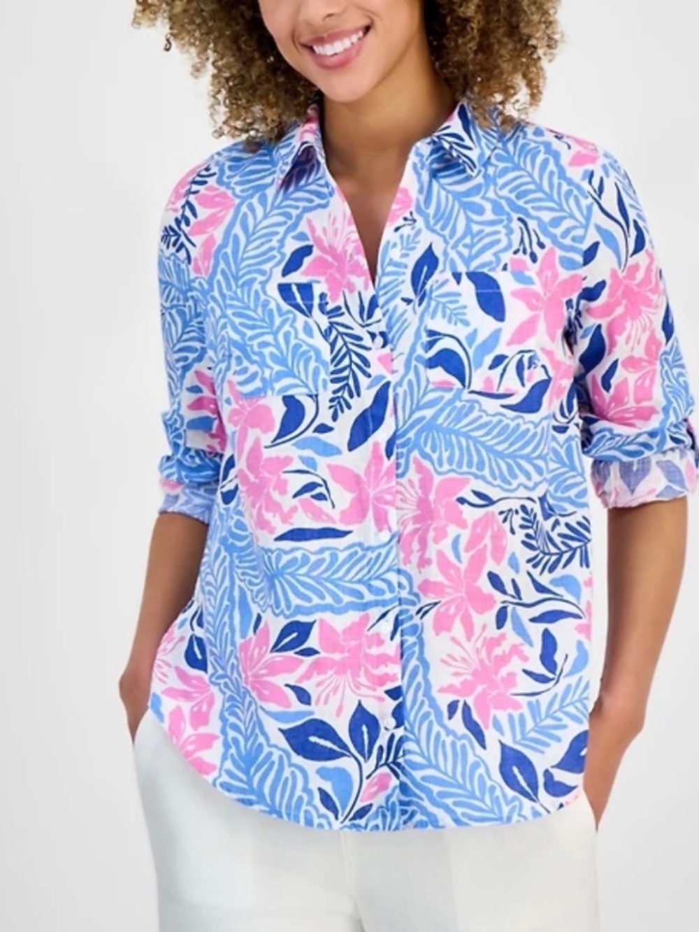 Charter Club Linen Printed Floral Tunic Top Shirt Women's Size PL Preppy Resort
